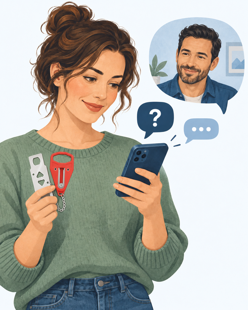 Illustration of customers asking questions about a portable door lock