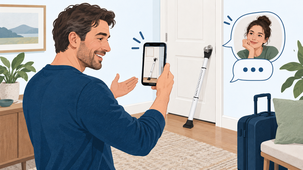 Illustration of a customer sharing a door security bar setup