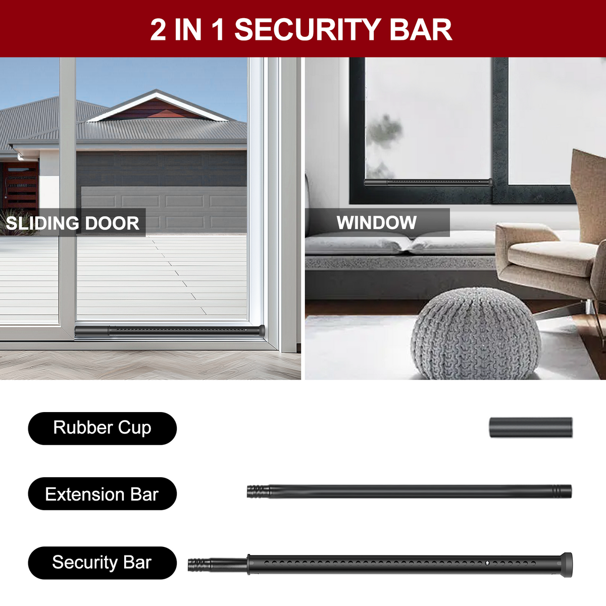 AceMining Sliding Door Security Bar - Black - Sliding Door and Window Uses / Included Parts