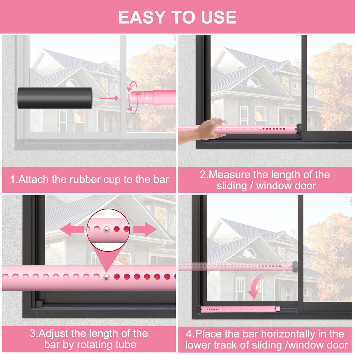 AceMining Sliding Door Security Bar - Pink - Four-Step Installation