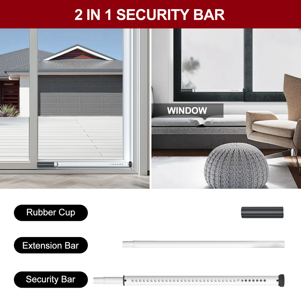 AceMining Sliding Door Security Bar - White - Sliding Door and Window Uses / Included Parts