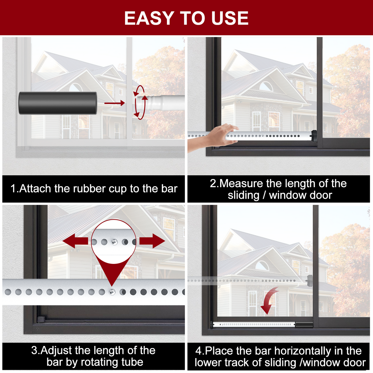 AceMining Sliding Door Security Bar - White - Four-Step Installation