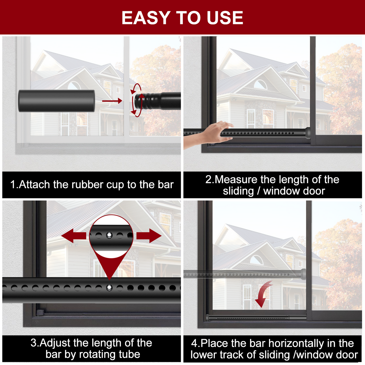 AceMining Sliding Door Security Bar - Black - Four-Step Installation