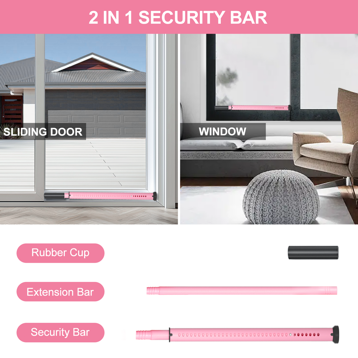 AceMining Sliding Door Security Bar - Pink - Sliding Door and Window Uses / Included Parts