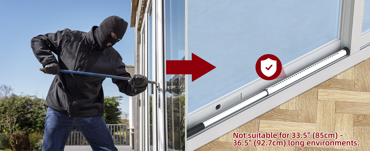 Sliding door security bar in the lower track; not suitable for gaps between 33.5 and 36.5 inches