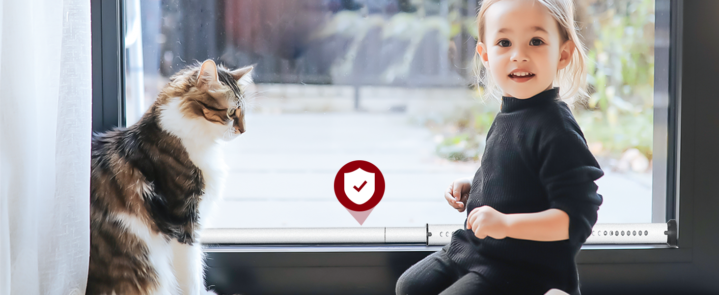 AceMining security bar installed in a window near a child and cat