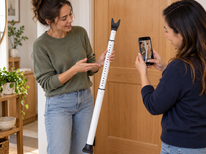 Two women discussing a door security bar