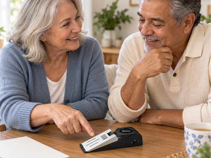 Two people discussing a door stop alarm