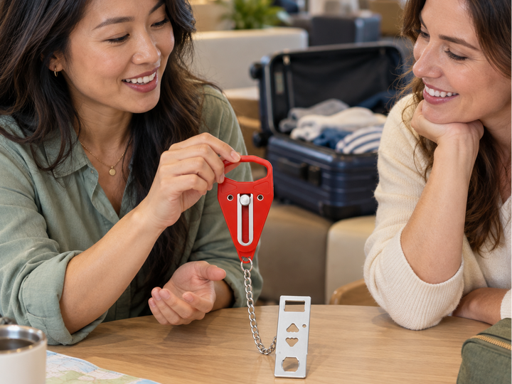 Two women talking about a portable door lock