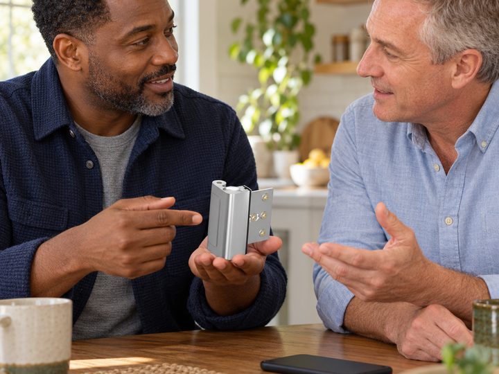 Two men discussing a door reinforcement lock