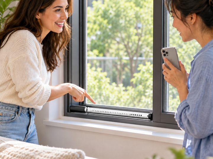 Two women near a sliding window security bar
