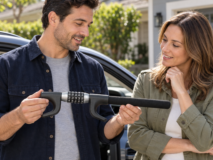 Two people looking at a steering wheel lock